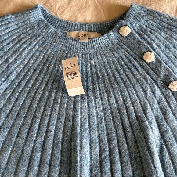 LOFT Sky Blue Crew Neck Sweater with Shoulder Buttons, Soft, Cozy, Comfy, Warm - Picture 5 of 8